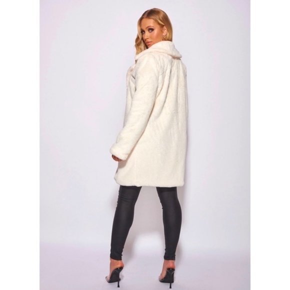 White Faux Fur Long Sleeve Collared Loose Fit Midi Coat - Picture 4 of 14